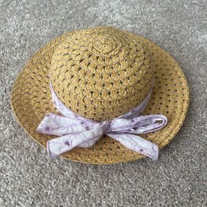 Kids Straw Sun Hat Floppy Brim Purple Floral Ribbon Bow Summer Beach‎